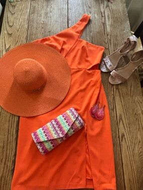Aidan Mattox One-Shoulder Neon Orange Cocktail Dress